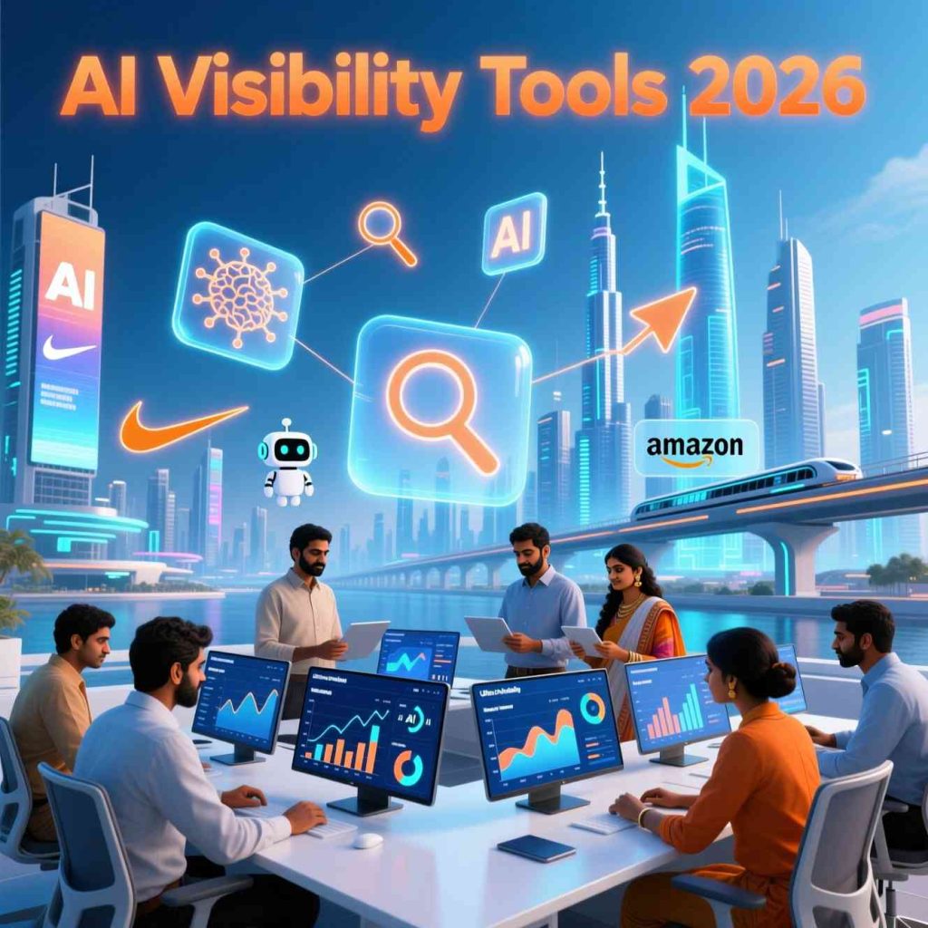 Indian digital marketing professionals analyzing AI visibility tools on screens with SEO analytics, graphs, and optimization metrics for 2026